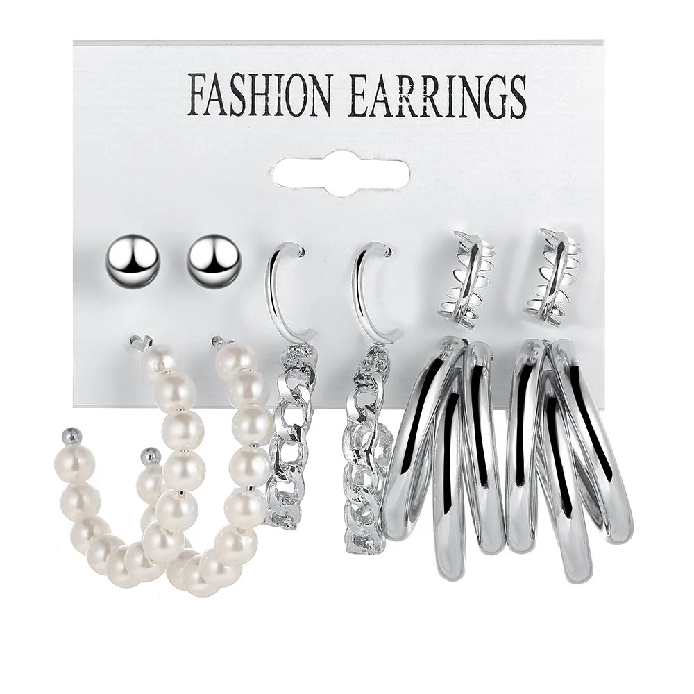 LATS Boho Big Circle Hoop Earring Set for Women Gold Color Bohemia Vintage Pearl Square Earring Heart Zircon Ear Studs Jewelry