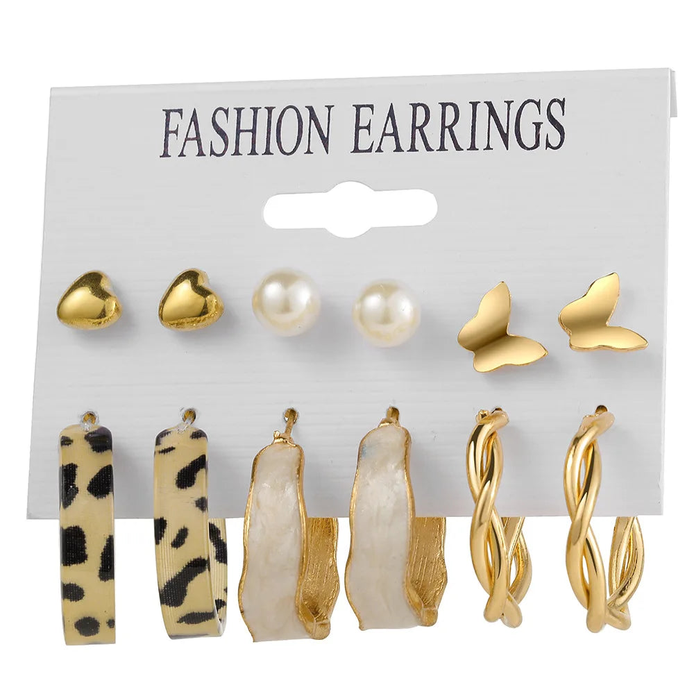 LATS Boho Big Circle Hoop Earring Set for Women Gold Color Bohemia Vintage Pearl Square Earring Heart Zircon Ear Studs Jewelry