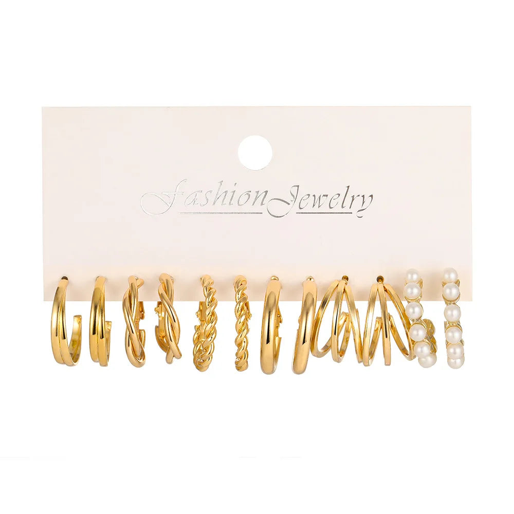 LATS Boho Big Circle Hoop Earring Set for Women Gold Color Bohemia Vintage Pearl Square Earring Heart Zircon Ear Studs Jewelry