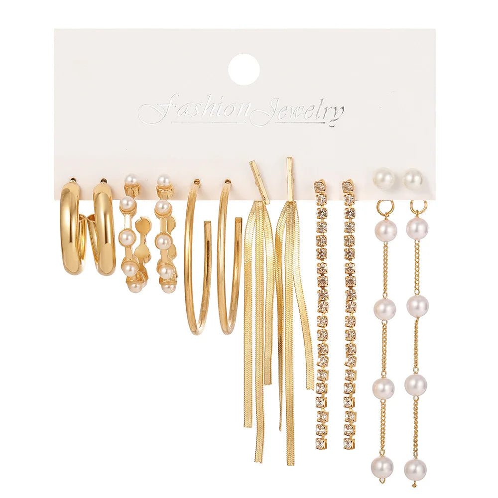 LATS Boho Big Circle Hoop Earring Set for Women Gold Color Bohemia Vintage Pearl Square Earring Heart Zircon Ear Studs Jewelry