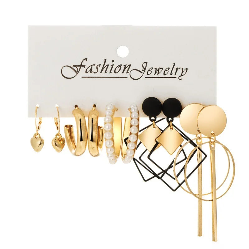 LATS Boho Big Circle Hoop Earring Set for Women Gold Color Bohemia Vintage Pearl Square Earring Heart Zircon Ear Studs Jewelry