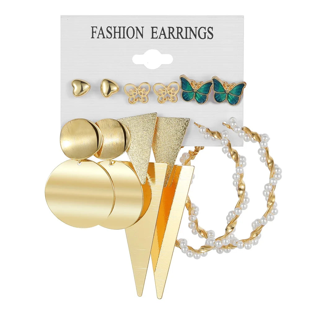 LATS Boho Big Circle Hoop Earring Set for Women Gold Color Bohemia Vintage Pearl Square Earring Heart Zircon Ear Studs Jewelry